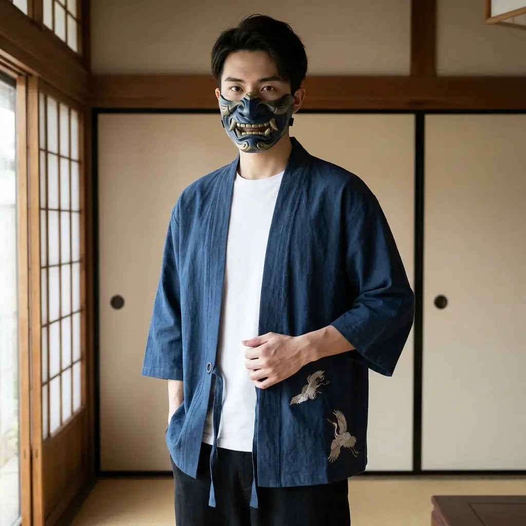 Hombre con un haori bordado con grulla en una sala washitsu japonesa con paneles shoji, vista frontal de cintura hacia arriba