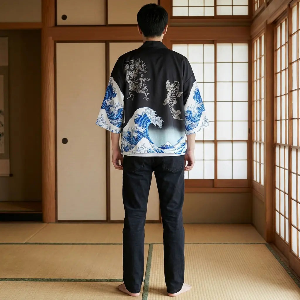Vista trasera de un haori con estampado de carpa koi en una sala washitsu, mostrando el diseño completo