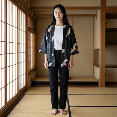 Mujer con haori de corte holgado en una sala washitsu con tatami y paneles shoji