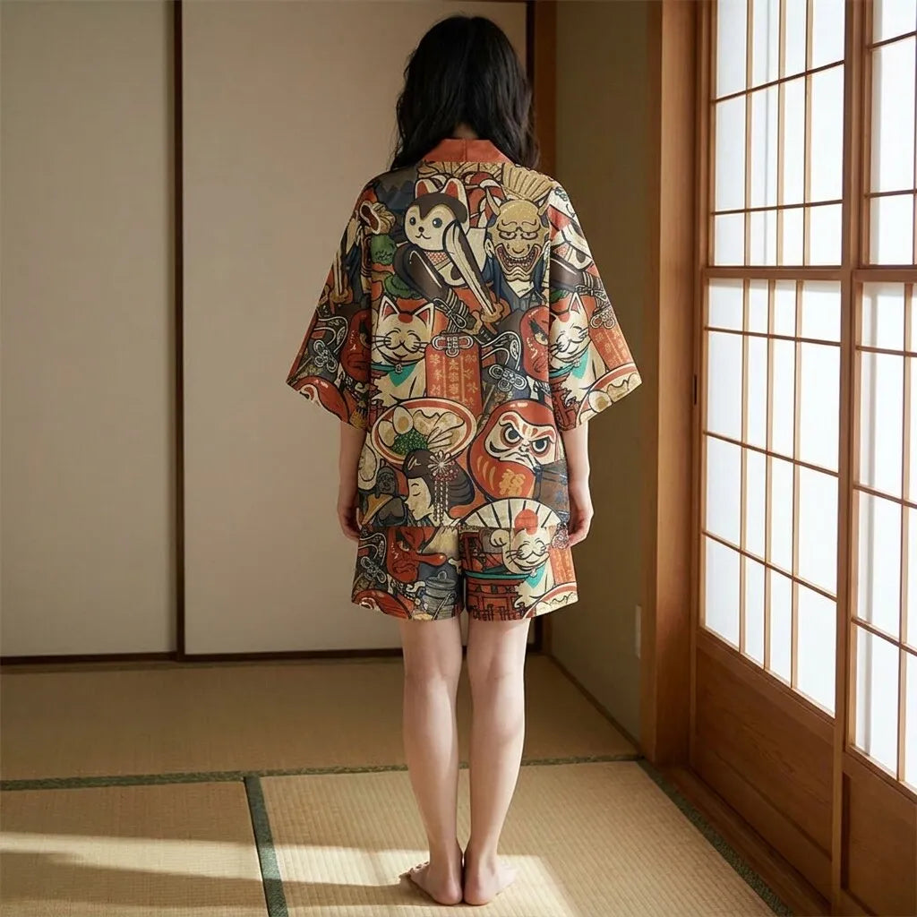 Haori corto con motivos kawaii tradicionales