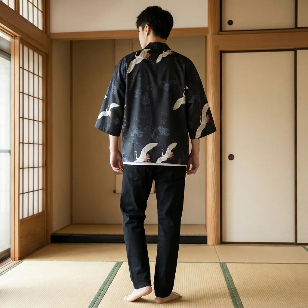 Vista trasera de un haori japonés en una sala washitsu, mostrando el diseño completo de la espalda