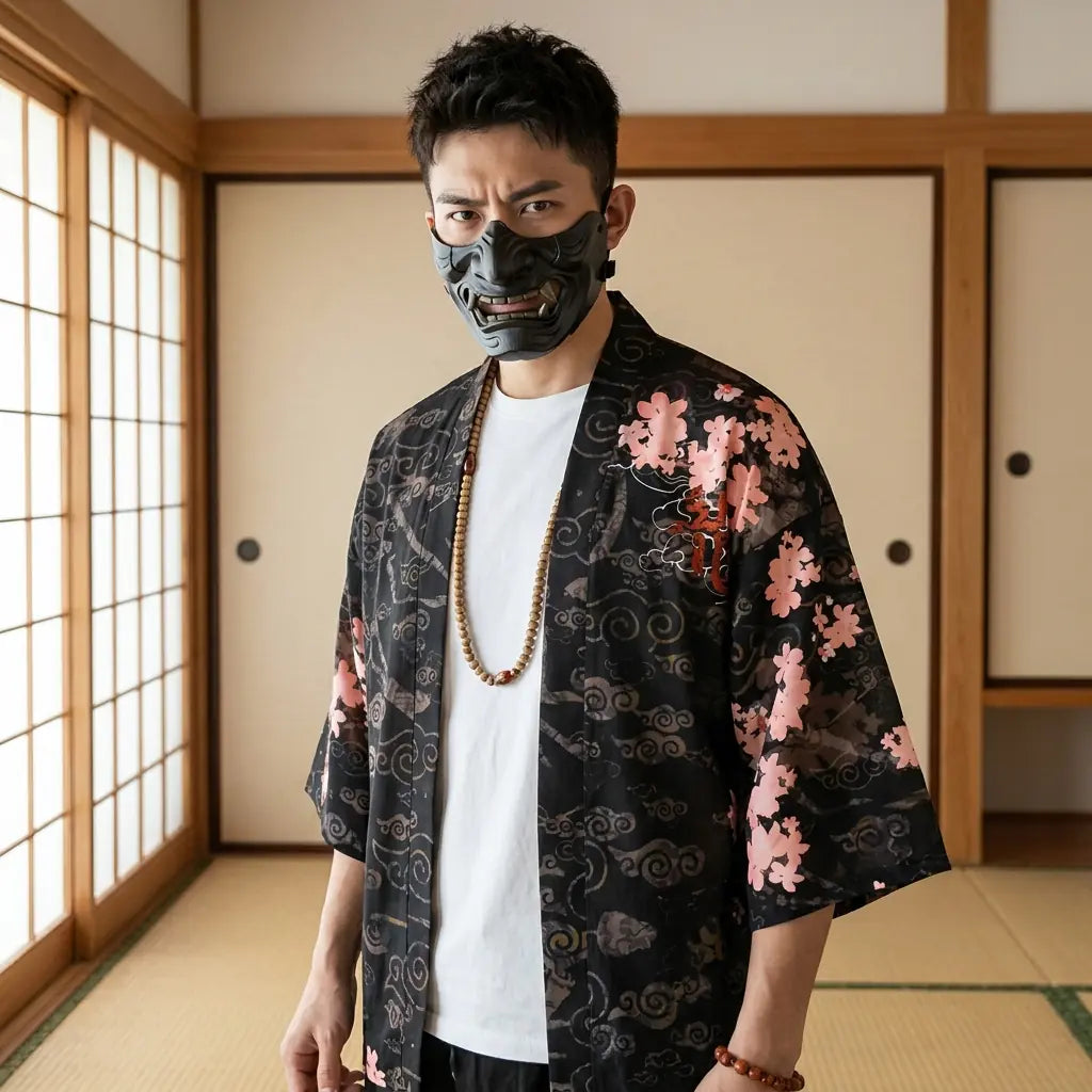 Hombre con haori dragón en una sala washitsu japonesa con shoji, vista frontal de cintura para arriba