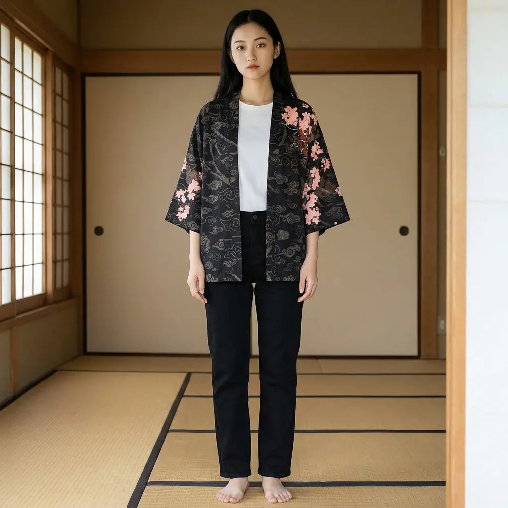 Mujer con chaqueta haori dragón en una sala washitsu con tatami y shoji