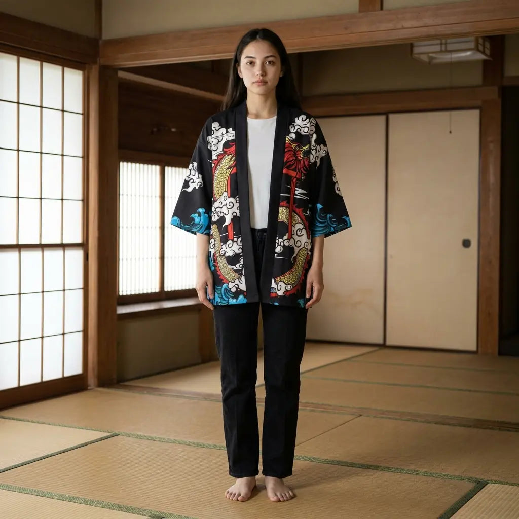 Haori dragón negro con mangas turquesa, llevado abierto sobre un tatami