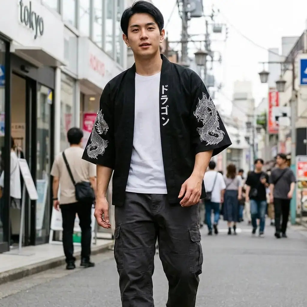 Haori Dragon llevado por un hombre en una habitación japonesa tradicional, vista frontal