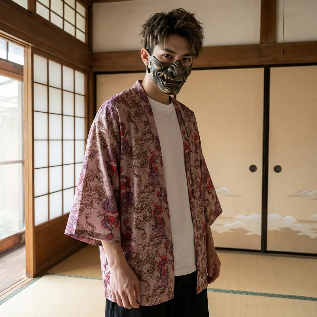 Hombre con haori dragón en una sala japonesa washitsu con puertas shoji, vista frontal de cintura hacia arriba