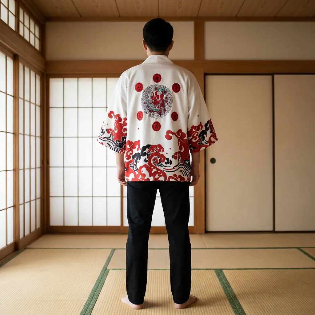Vista trasera de un haori rojo en una habitación washitsu, mostrando el diseño completo de la espalda
