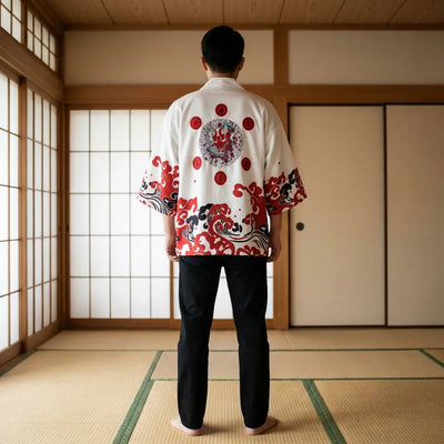 Vista trasera de un haori rojo en una habitación washitsu, mostrando el diseño completo de la espalda