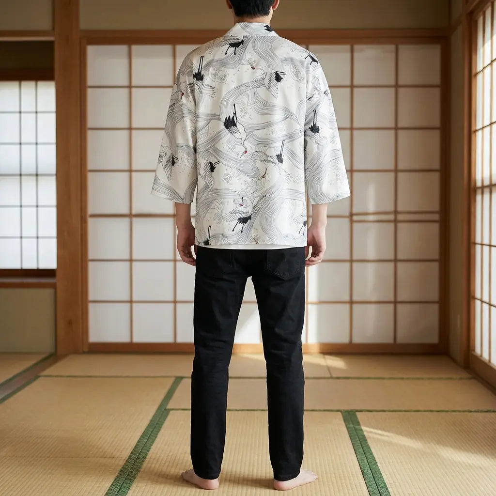Vista trasera de un haori blanco mostrando el diseño completo de la espalda