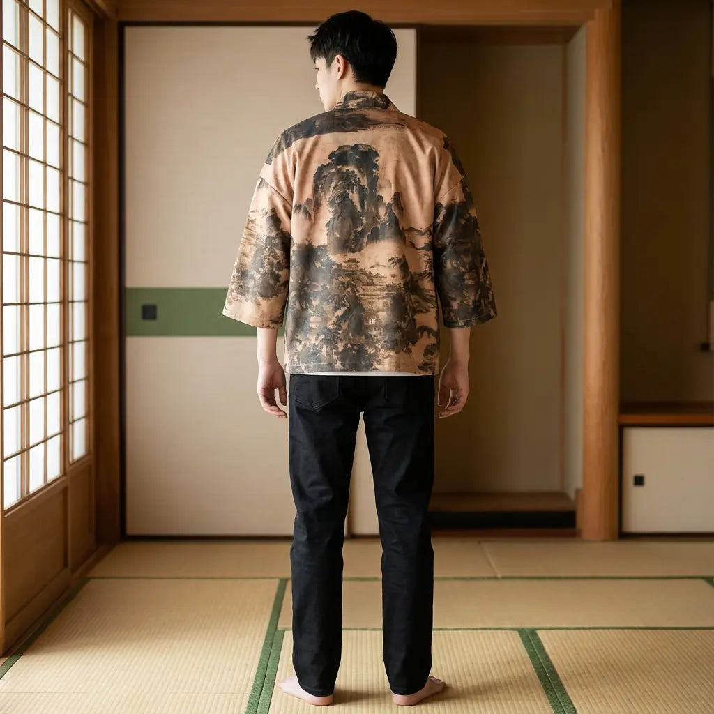 Vista trasera del haori streetwear mostrando el estampado completo de la espalda