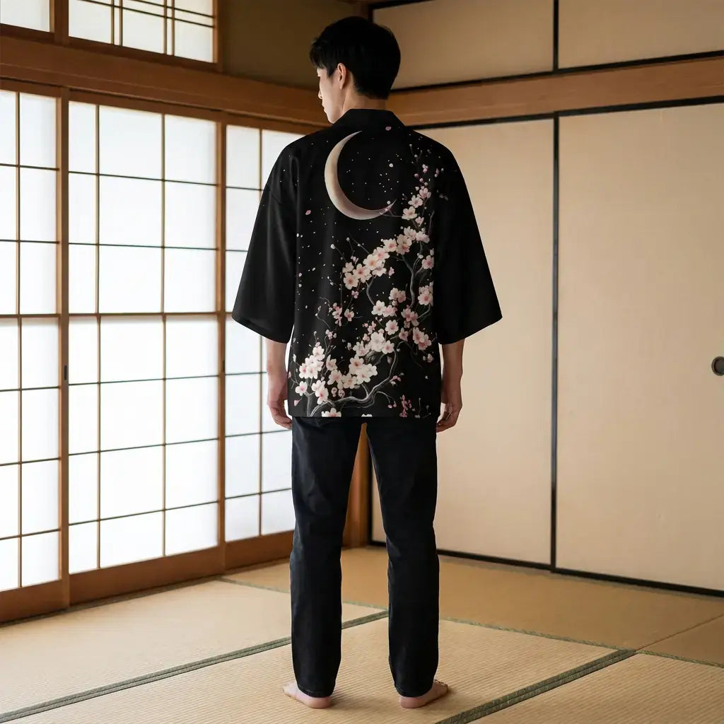 Haori Luna Hombre visto por la espalda, con el estampado completo