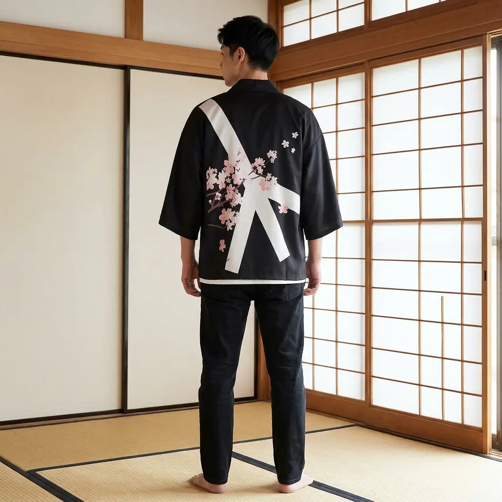 Vista trasera de un haori floral en una sala washitsu, mostrando el diseño completo de la espalda