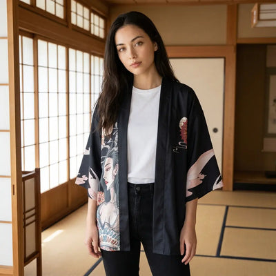 Haori con estampado de geisha visto de frente en una sala con tatami