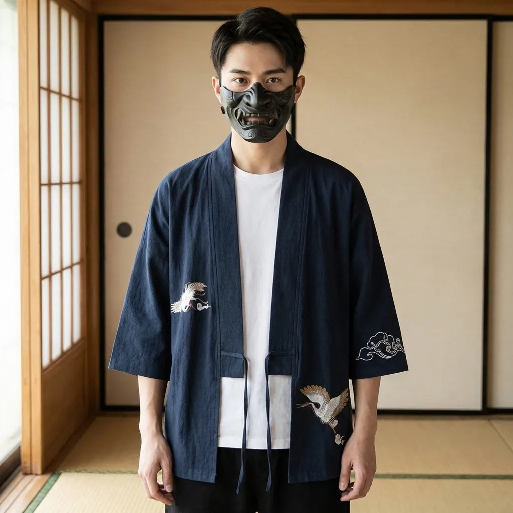 Haori Grulla Tsuru azul marino bordado