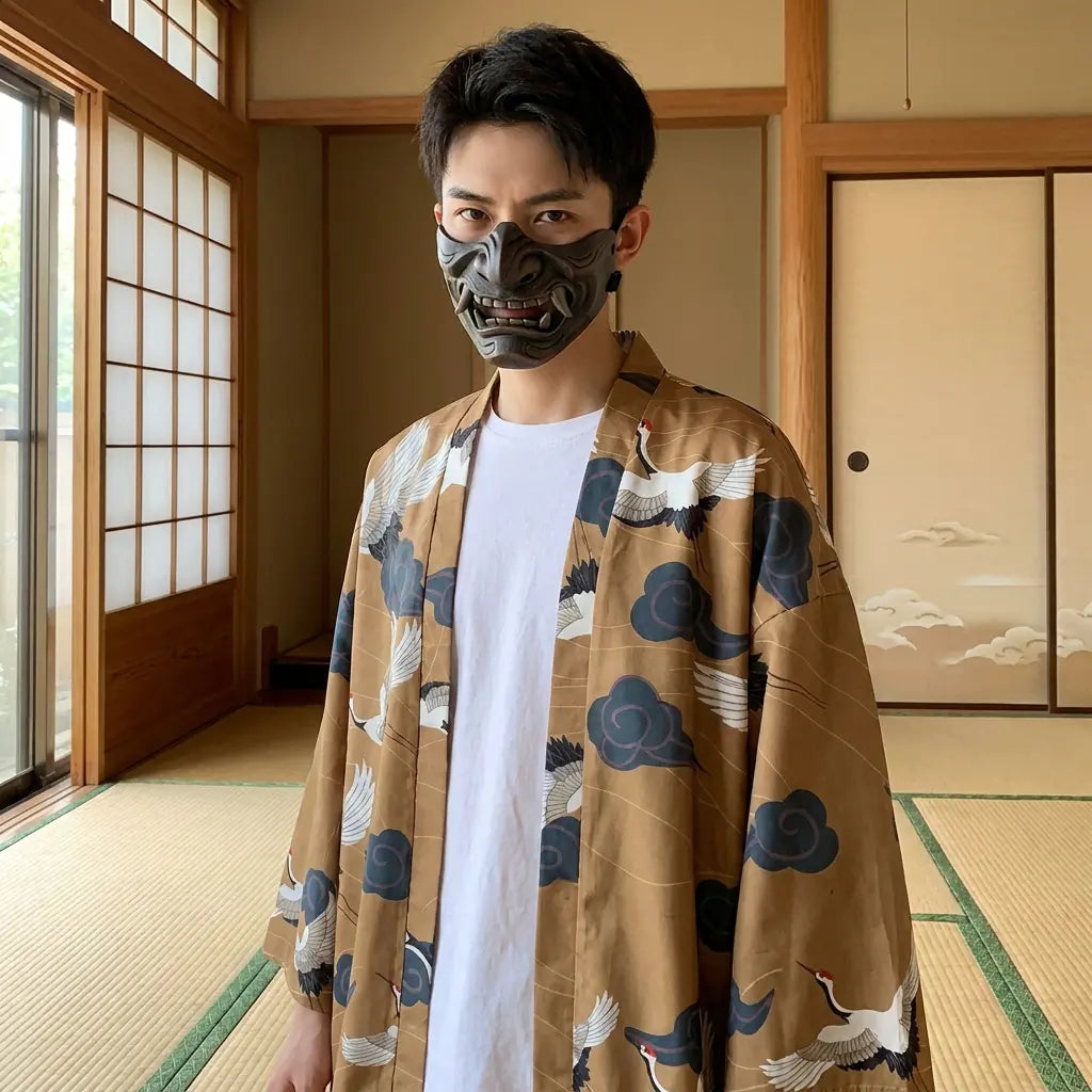 Hombre con un haori grullas y nubes kumo en una habitación washitsu japonesa, vista frontal de cintura para arriba