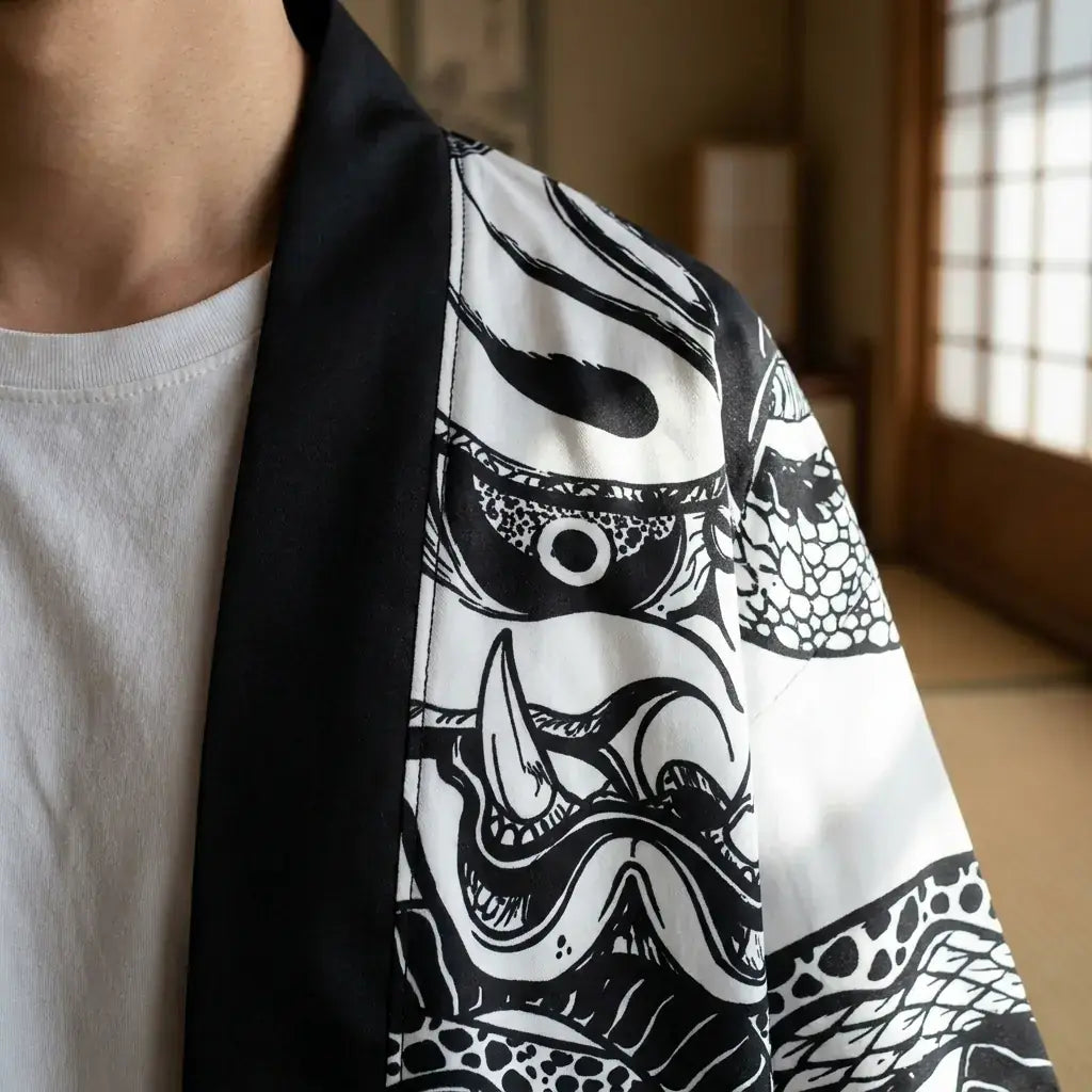 Primer plano del tejido y la manga del haori hannya mujer