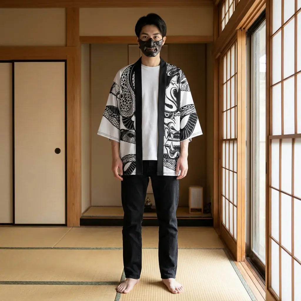Primer plano del tejido y la manga del haori hannya mujer