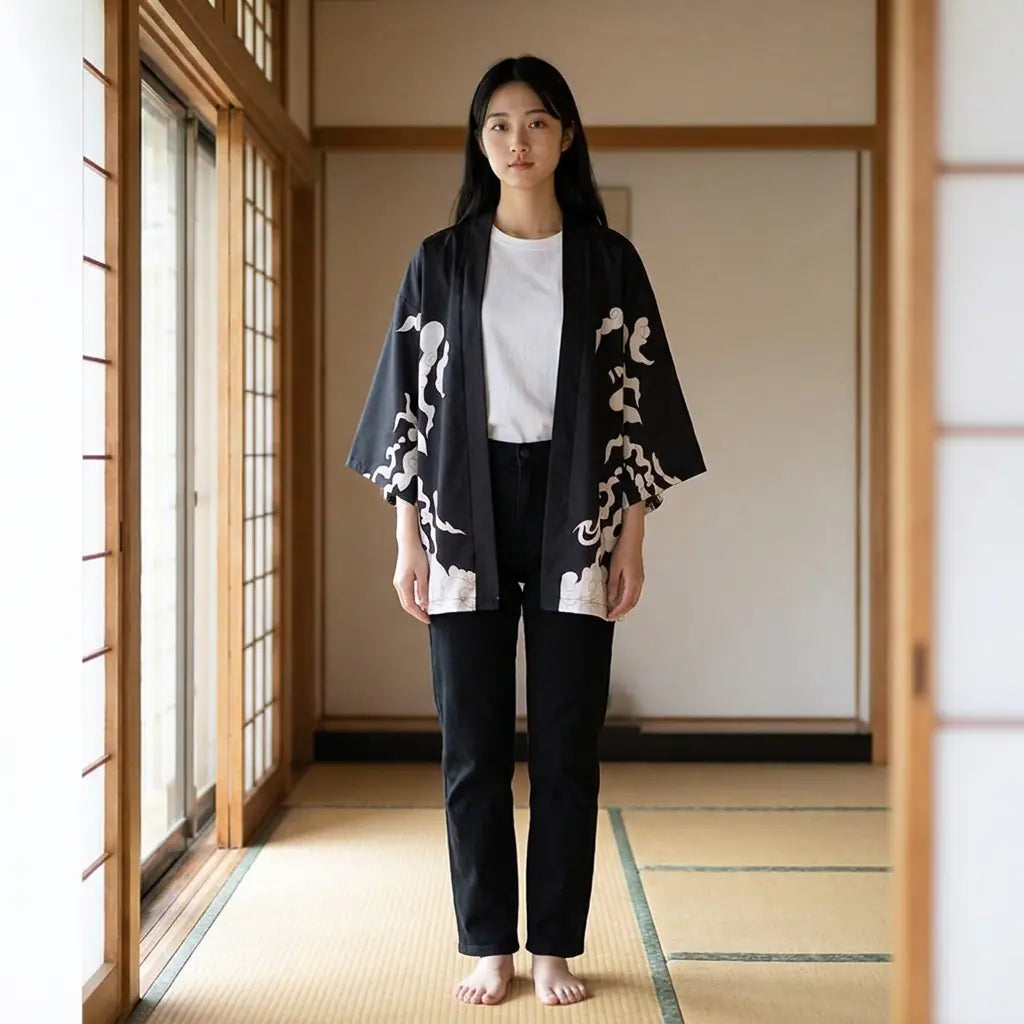 Mujer con un haori estilo streetwear en una habitación washitsu con tatami y paneles shoji