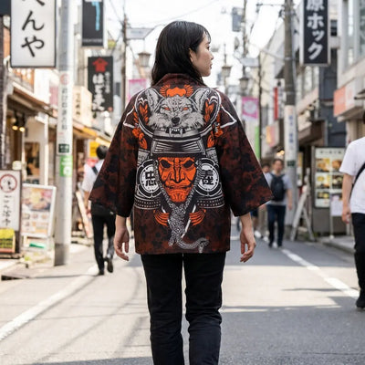Mujer vista de espaldas con una chaqueta haori en una calle de Harajuku