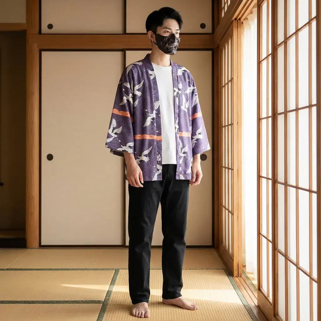 Haori Tokyo llevado por un hombre en una habitación japonesa tradicional, vista frontal