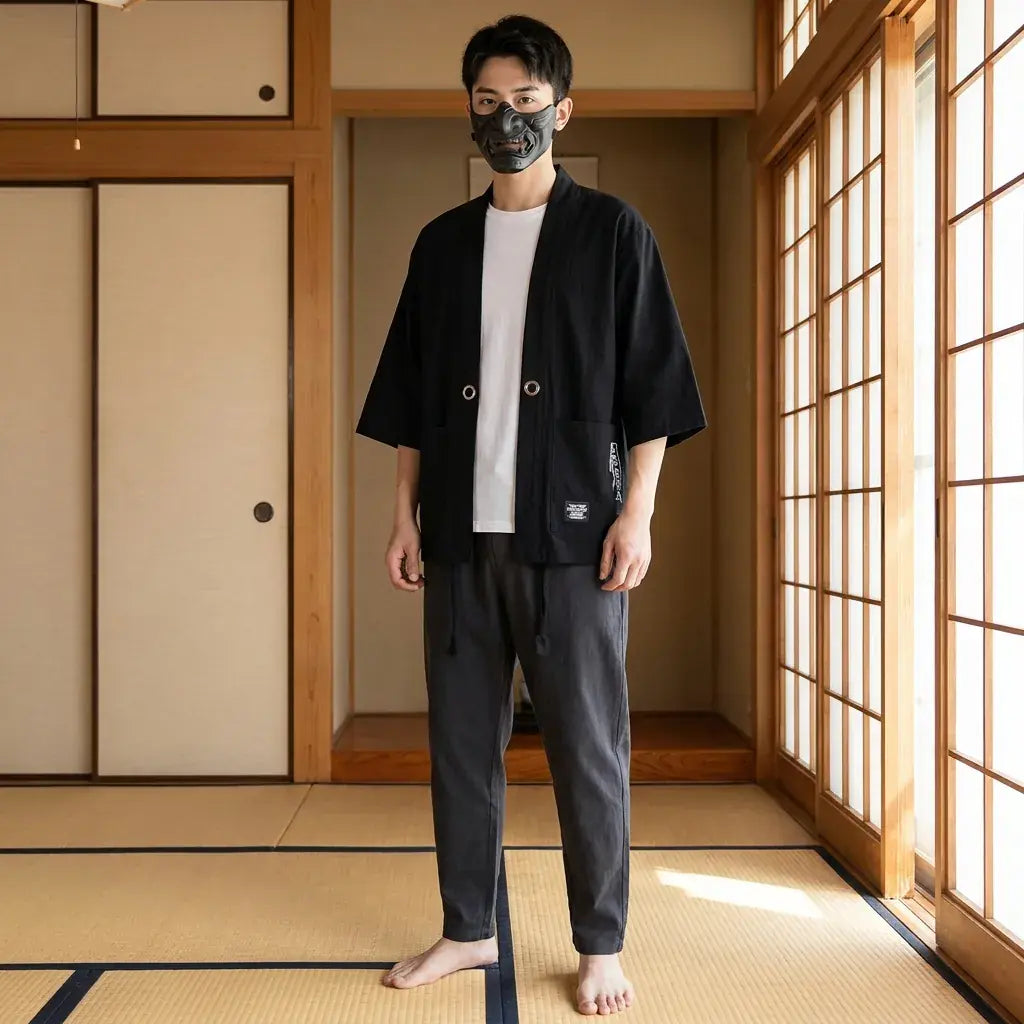 Haori Hombre llevado por un hombre en una habitación japonesa tradicional, vista frontal
