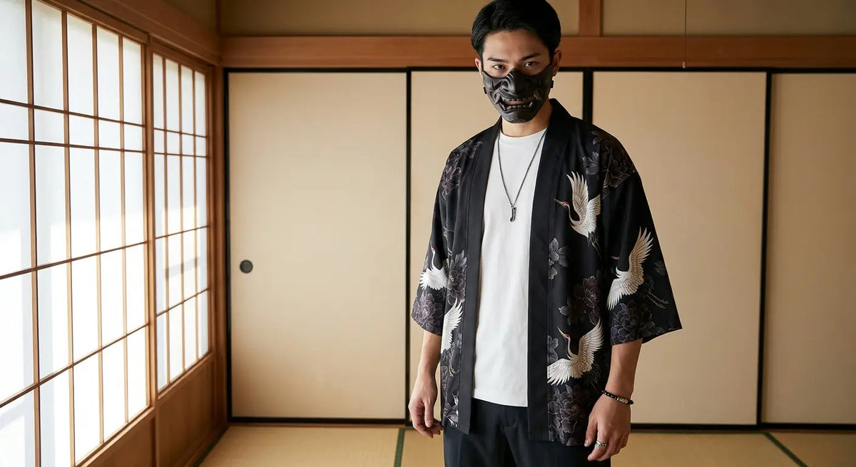 Hombre con haori japonés en una sala washitsu con paneles shoji, vista frontal desde la cintura