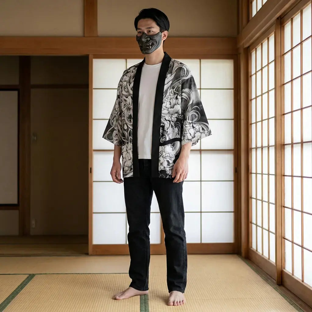 Chaqueta Kimono Haori llevado por un hombre en una habitación japonesa tradicional, vista frontal
