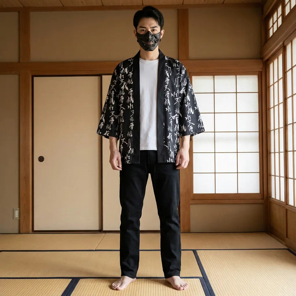 Hombre luciendo un haori tradicional japonés en una sala washitsu