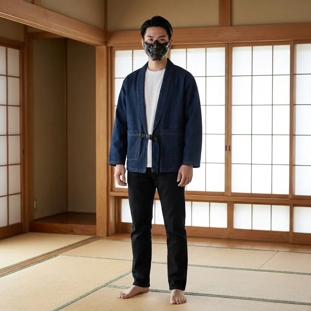 Hombre con haori azul en una sala washitsu tradicional japonesa, vista frontal