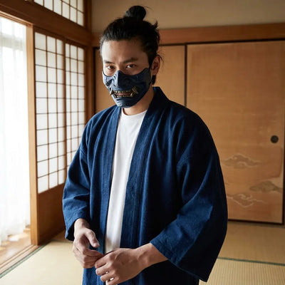 Hombre con un haori índigo vintage en una habitación japonesa washitsu con paneles shoji