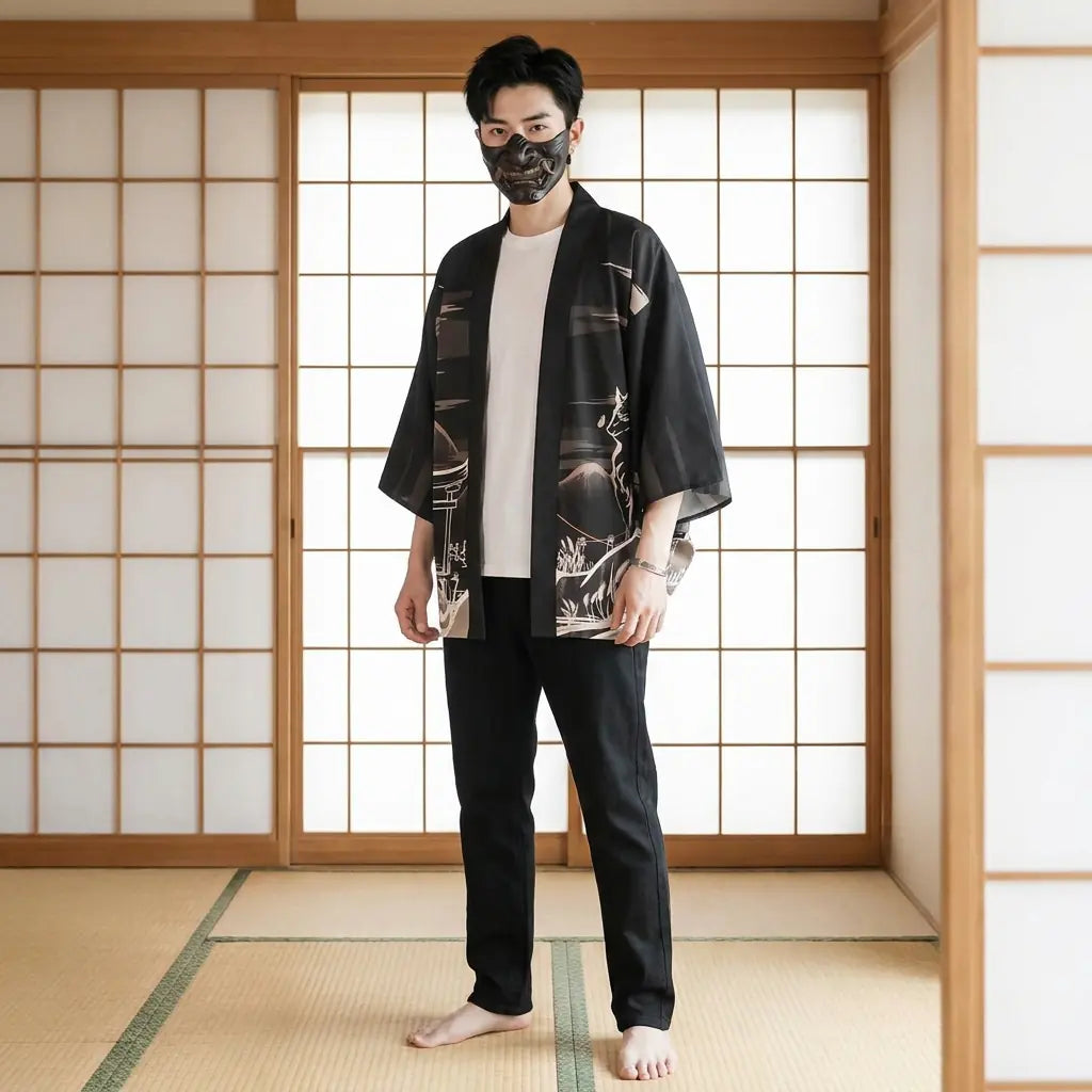 Hombre con una chaqueta haori japonesa en una sala washitsu tradicional, vista frontal