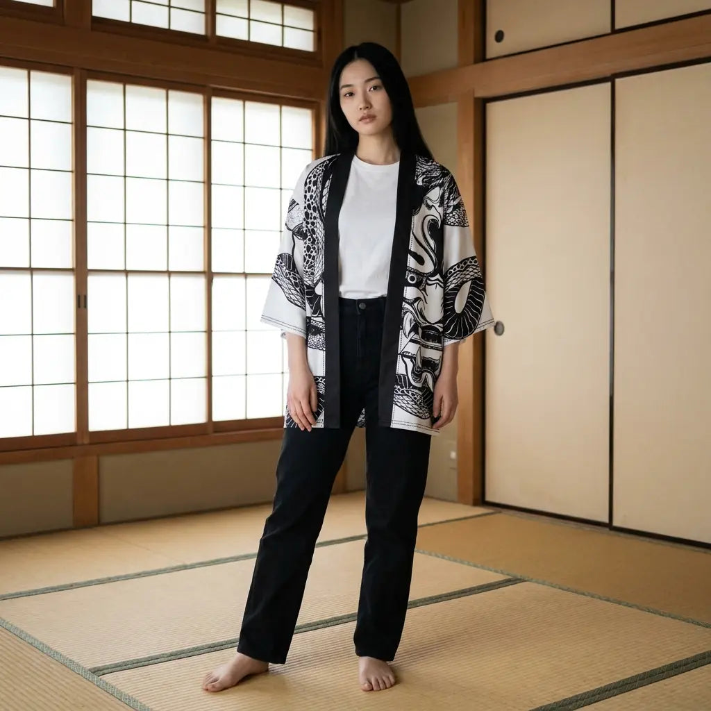 Mujer con un haori Hannya en una sala washitsu con tatami y paneles shoji