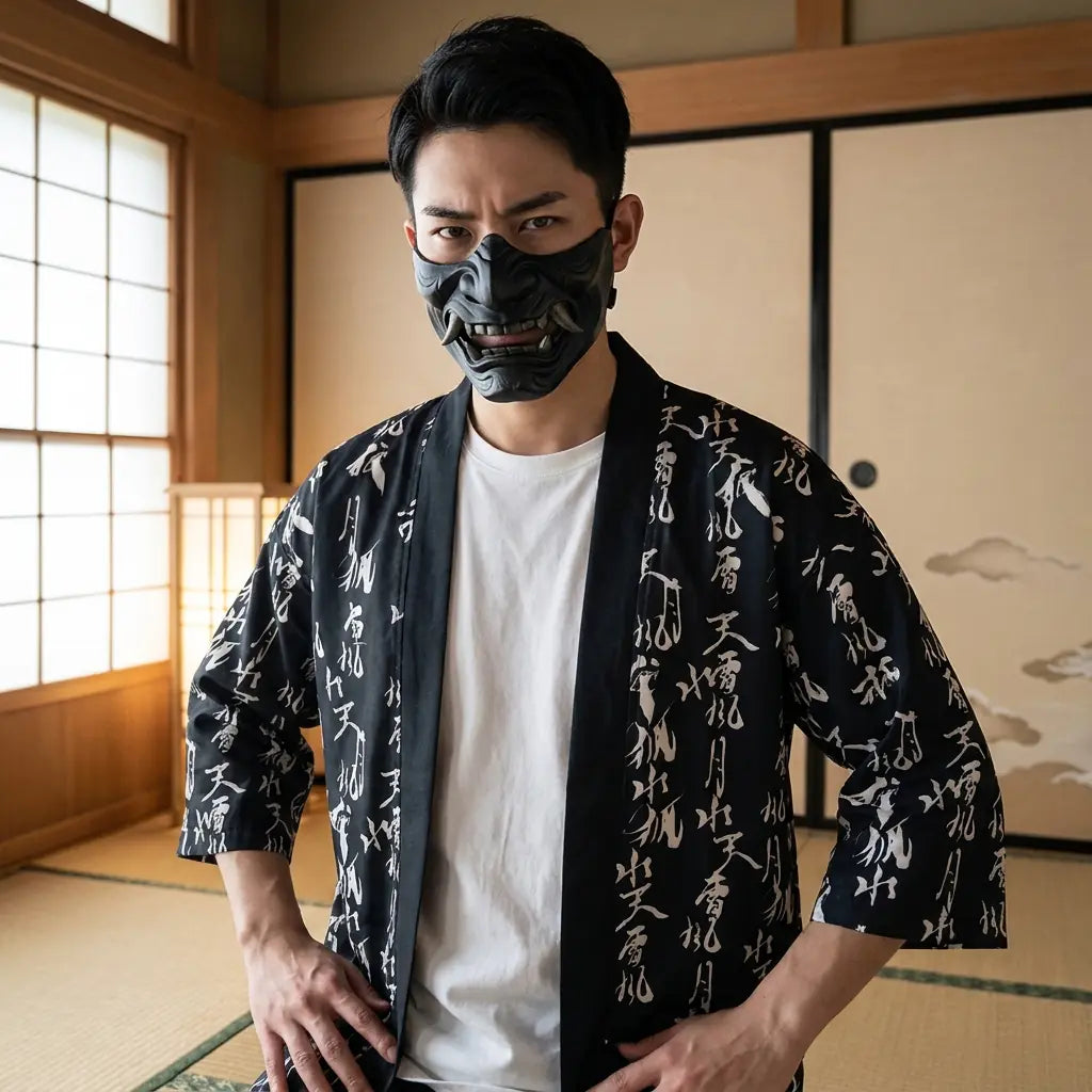 Hombre con haori kanji negro en una habitación washitsu japonesa, vista frontal de cintura para arriba