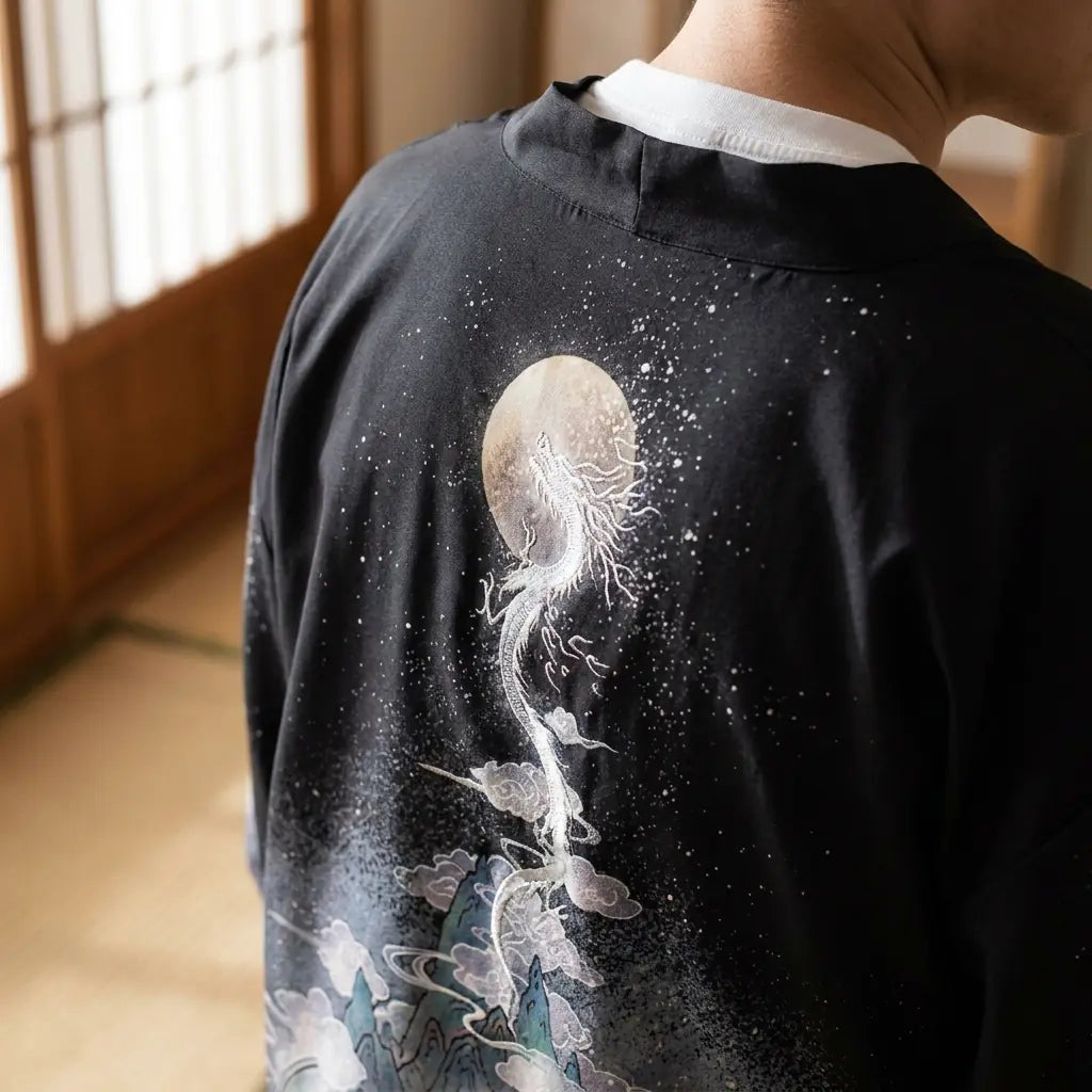 Detalle del bordado en la espalda de un haori kimono