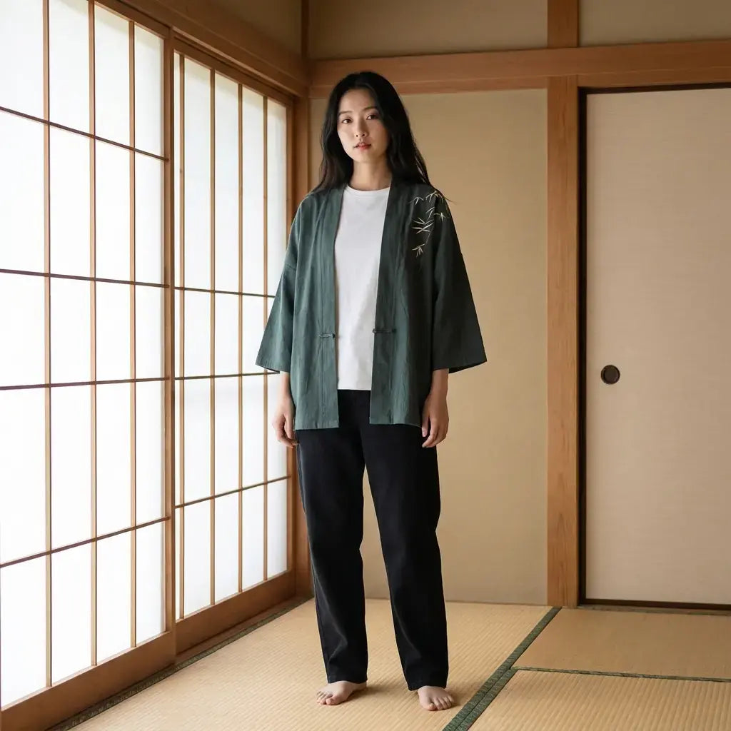 Chaqueta Kimono Haori llevado por un hombre en una habitación japonesa tradicional, vista frontal