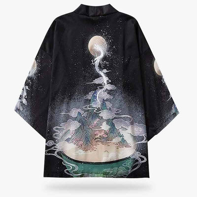 Chaqueta haori kimono negra con motivo de dragón y luna sobre fondo de cielo nocturno
