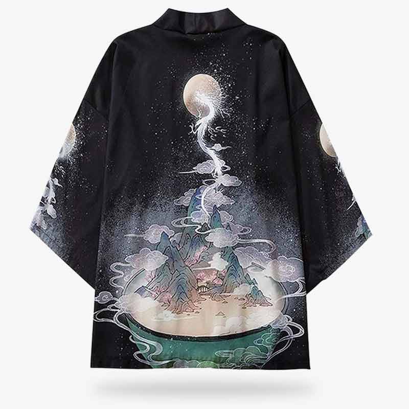 Chaqueta haori kimono negra con motivo de dragón y luna sobre fondo de cielo nocturno