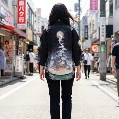 Mujer vista de espaldas luciendo un haori kimono en una calle de Harajuku