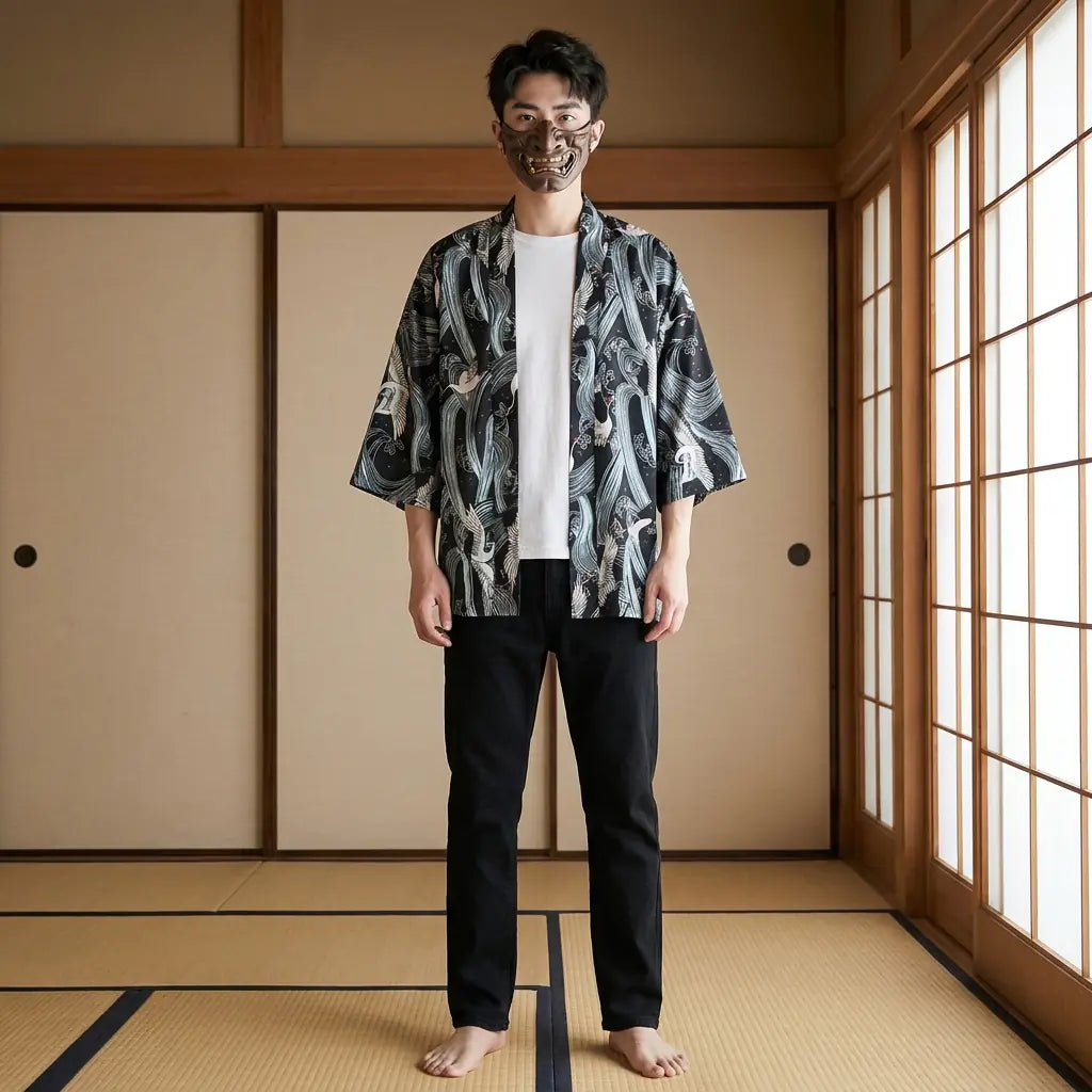 Hombre con una chaqueta haori estilo kimono en una habitación washitsu tradicional, vista frontal