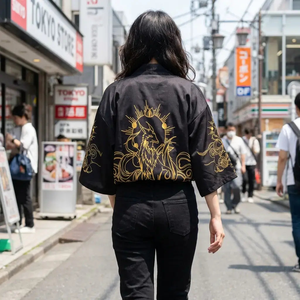 Haori Kitsune llevado por una mujer en una habitación japonesa tradicional