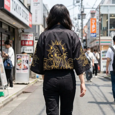 Haori Kitsune llevado por una mujer en una habitación japonesa tradicional