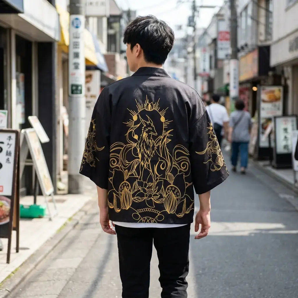 Haori Kitsune llevado por un hombre en una habitación japonesa tradicional, vista frontal