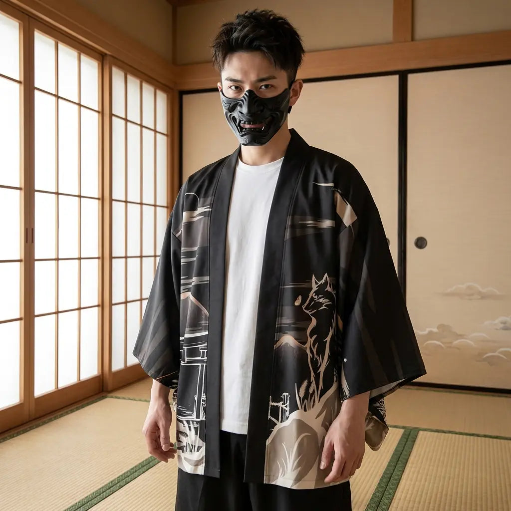 Hombre con una chaqueta haori kitsune en una sala washitsu japonesa con paneles shoji, vista frontal de cintura para arriba