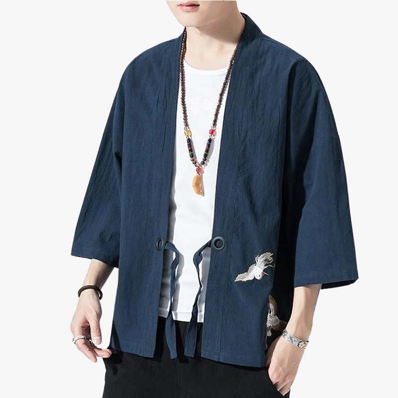 Chaqueta haori de lana con grulla bordada