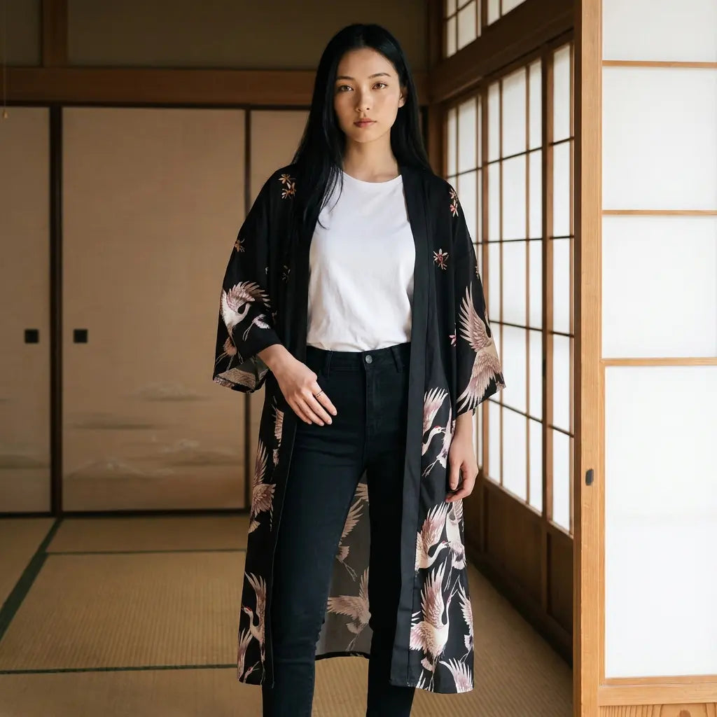 Haori largo con grullas japonesas