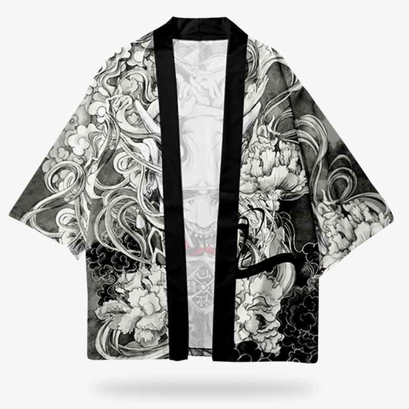 Hombre vistiendo chaqueta kimono haori de estilo japonés sobre look casual