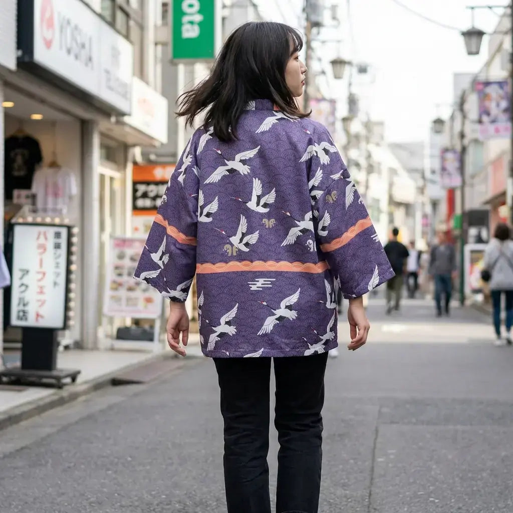 Haori Tokyo llevado por una mujer en una habitación japonesa tradicional