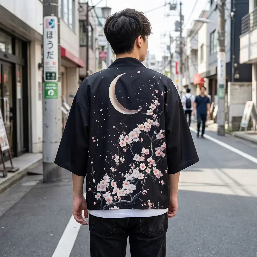 Haori Luna Hombre llevado por un hombre en una habitación japonesa tradicional, vista frontal