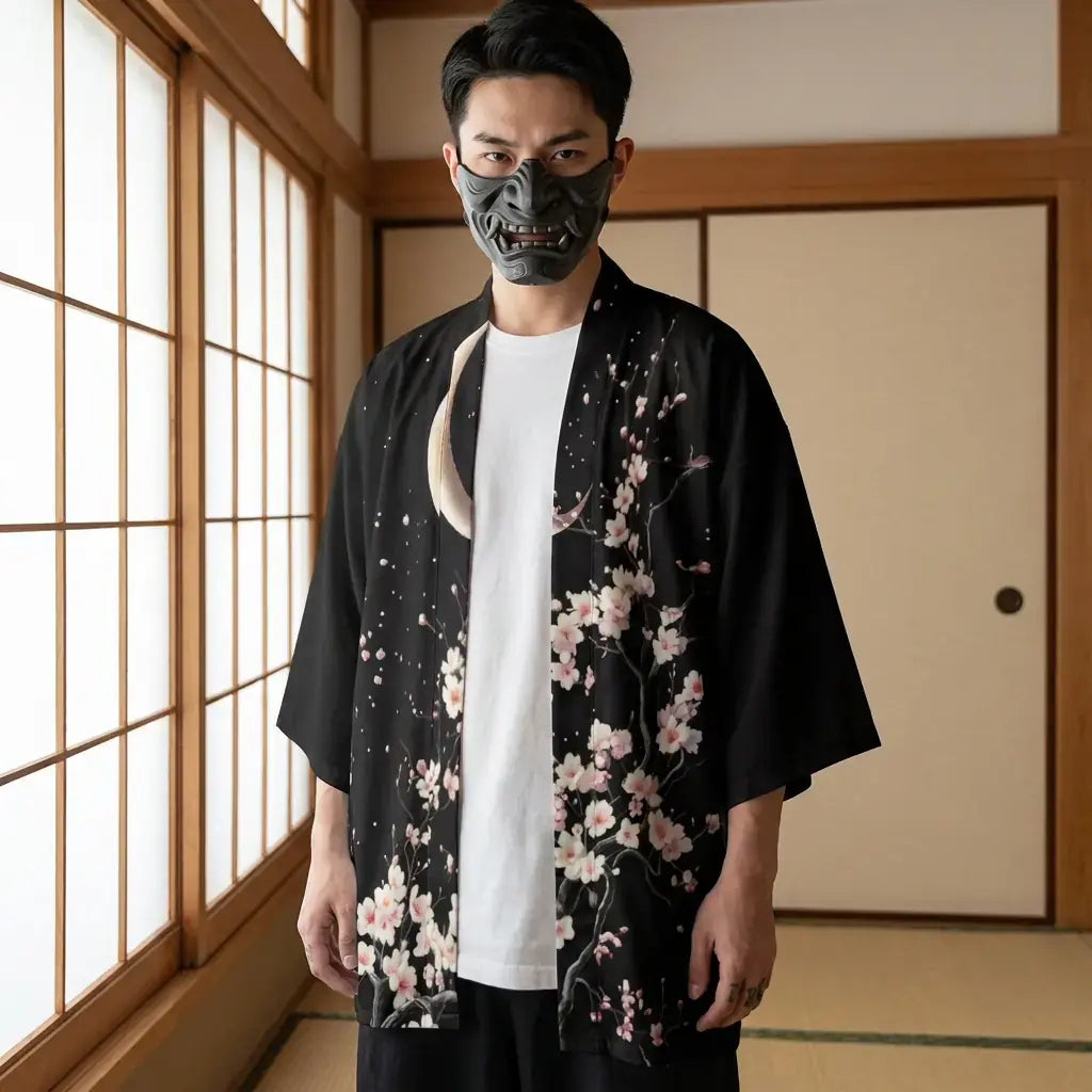 Haori Luna Hombre llevado por un hombre en una habitación japonesa tradicional, vista frontal