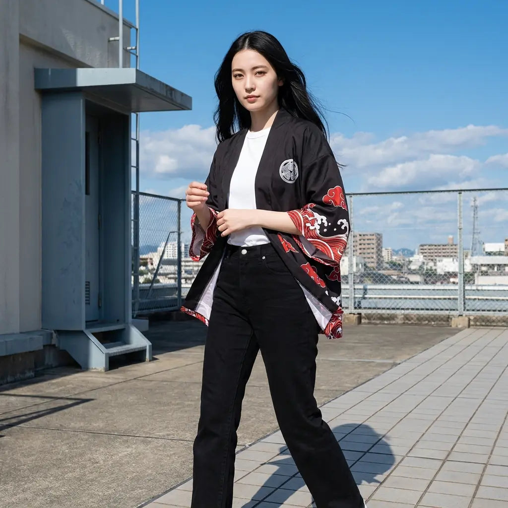 Haori luna roja sobre una azotea urbana